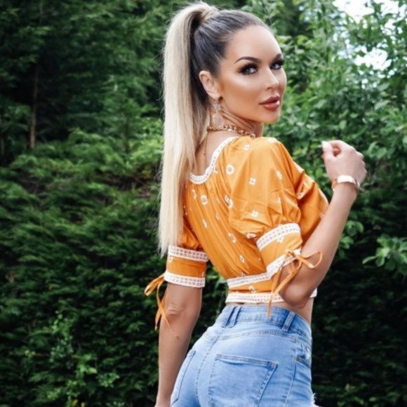 Orange Daisy Floral Print Lace Trim Short Sleeve Crop Top - Picture 10 of 13